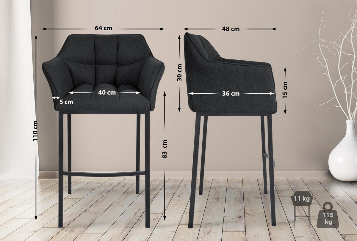 BARHOCKER Filz Anthrazit - Anthrazit/Schwarz, Textil/Metall (64/110/48cm) - CLP