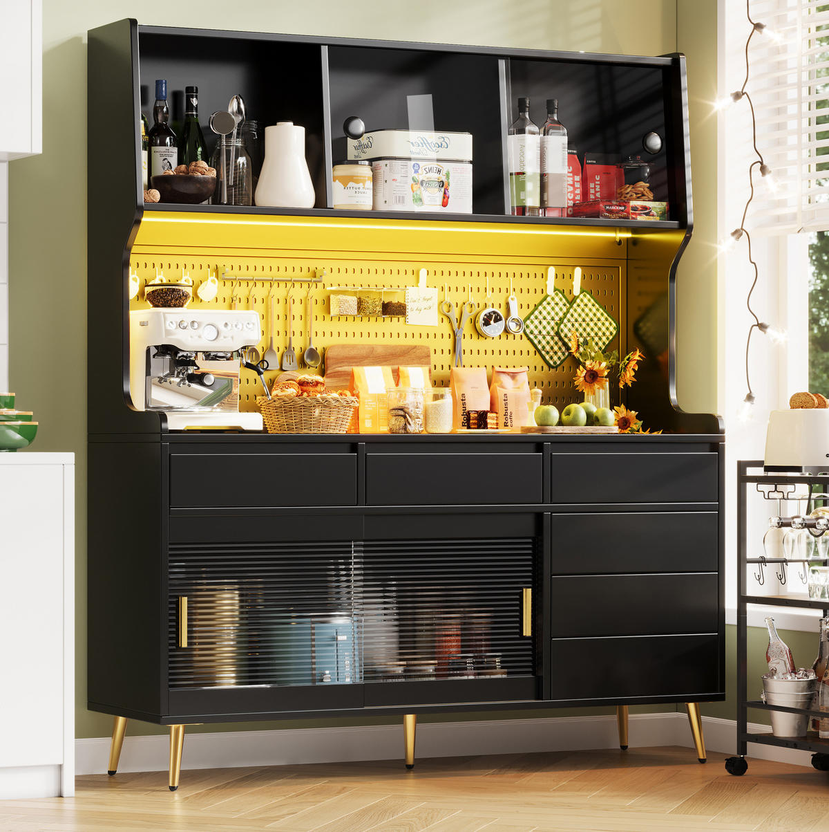 BUFFET 145/39/171 cm aus MDF und Glas mit LED-Beleuchtung und Schiebetüren Schwarz - Schwarz, Holzwerkstoff (145/171/39cm) - Modenvie