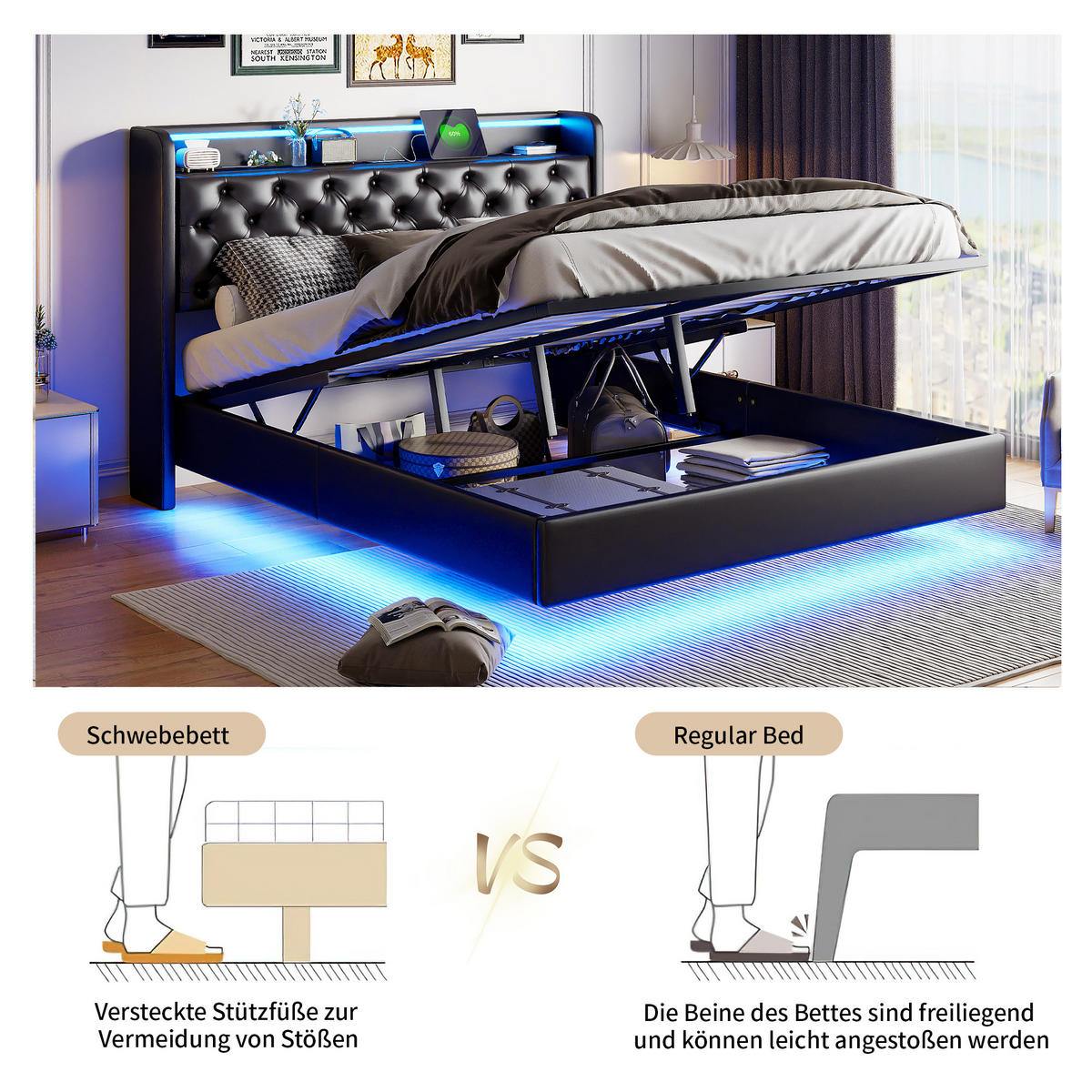 POLSTERBETT 160x200 cm LED USB Stauraum Lattenrost PU Leder schwarz - Schwarz, Holz (160/200cm) - LEBENLANG