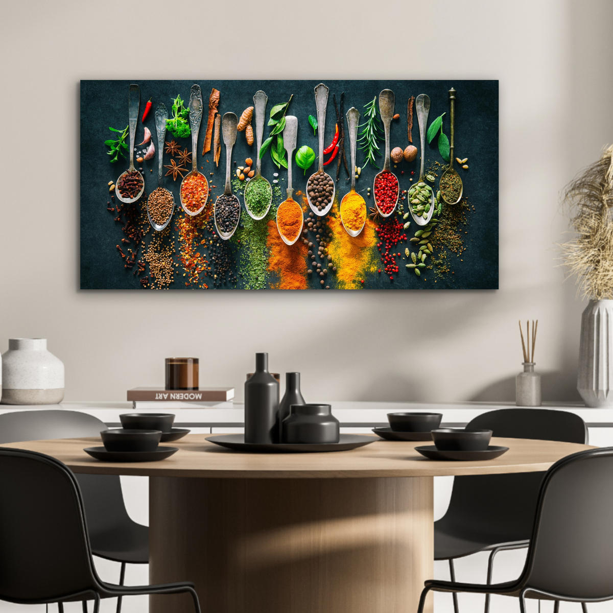 KOVOVÝ OBRAZ Bylinky - korenie - lyžičky 80x40 cm - kari žltá, kov (80/40cm) - MuchoWow