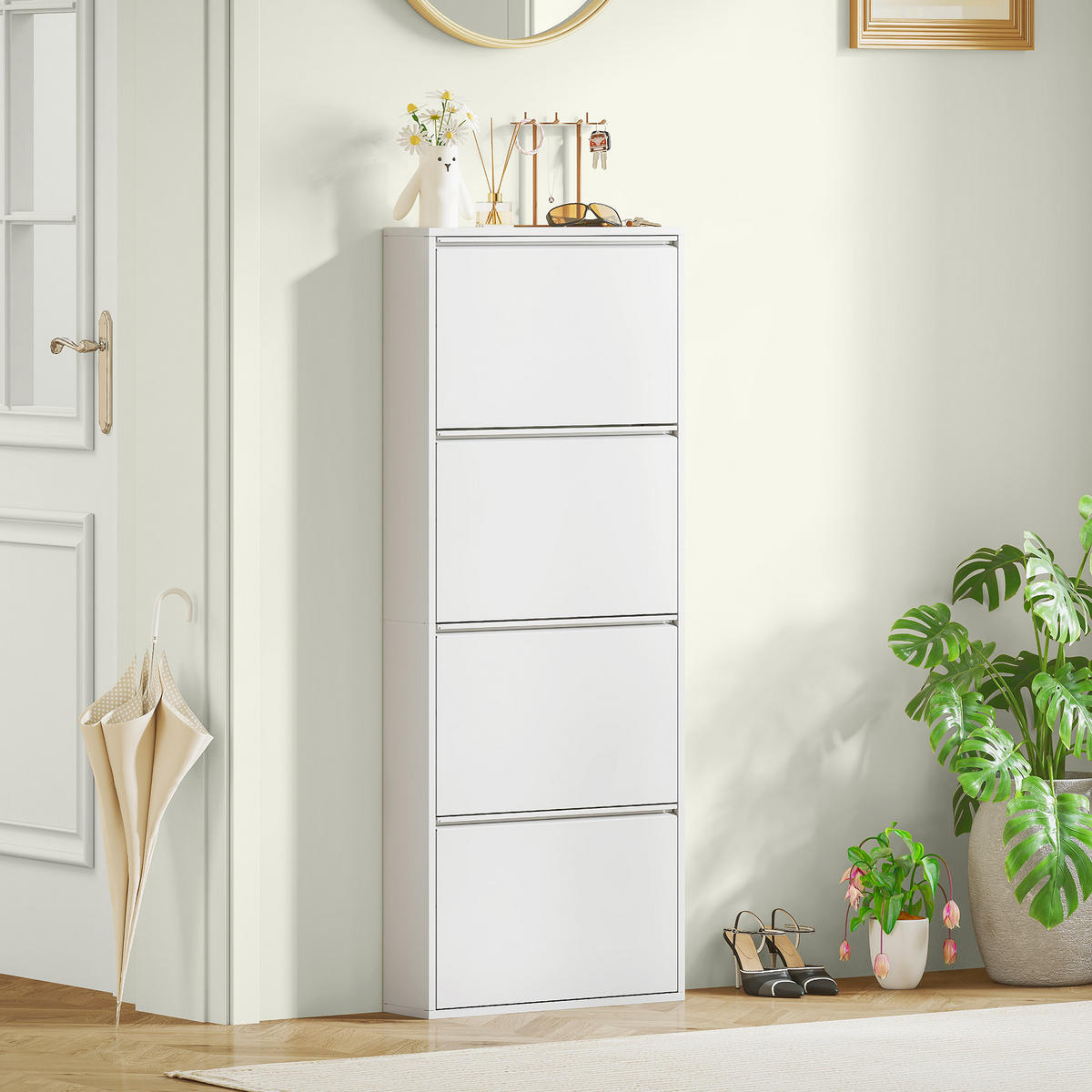 SCHUHSCHRANK mit 4 Klappen Schuhkipper Schmal für 8 Paar Metall Weiß - Weiß, Metall (15/139/55cm) - HOMCOM