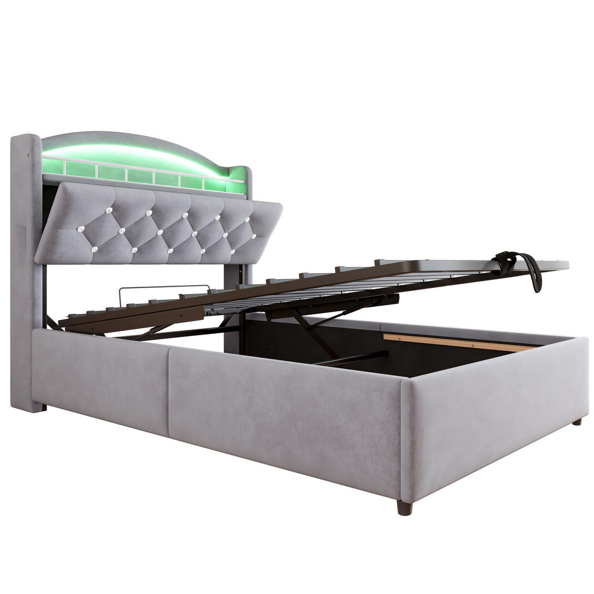 KINDERBETT mit Stauraum 90x200 cm Samt Grau mit LED und USB - Grau, Metall (90/200cm) - Meubliv
