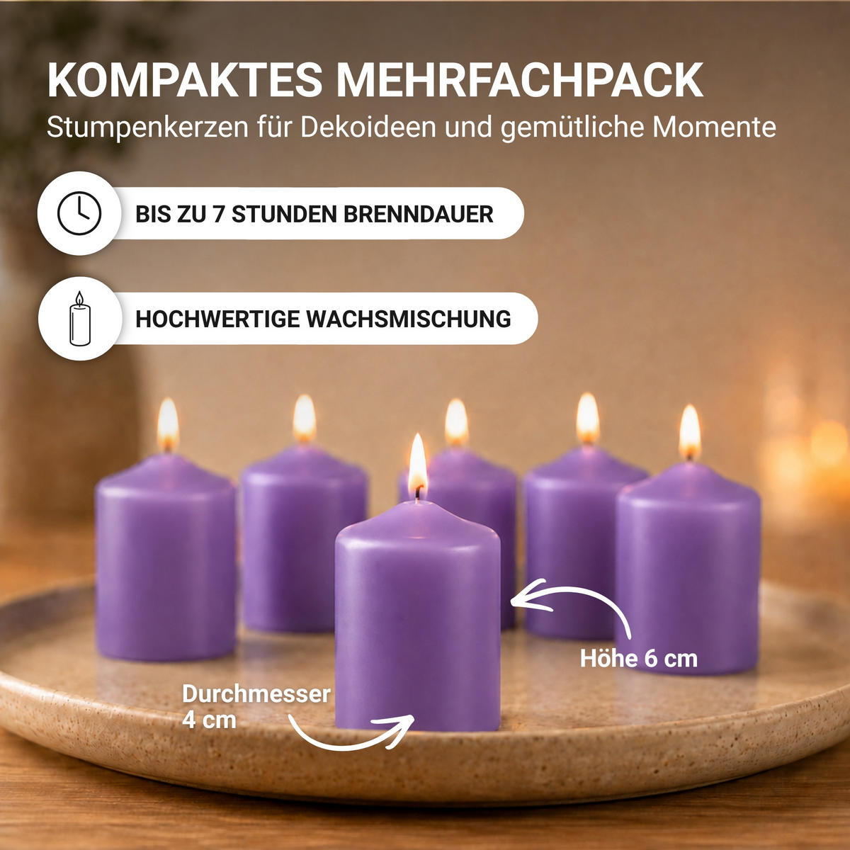 STUMPENKERZEN Ø4cm x 6cm - 6er Pack Lila - Lila, Naturmaterialien (4/6cm)