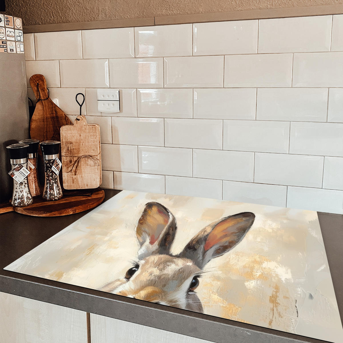 HERDABDECKPLATTE Hase - Ohren - Braun Induktionsmatte 77x59 cm - Beige, Kunststoff (77/59/0.2cm) - MuchoWow