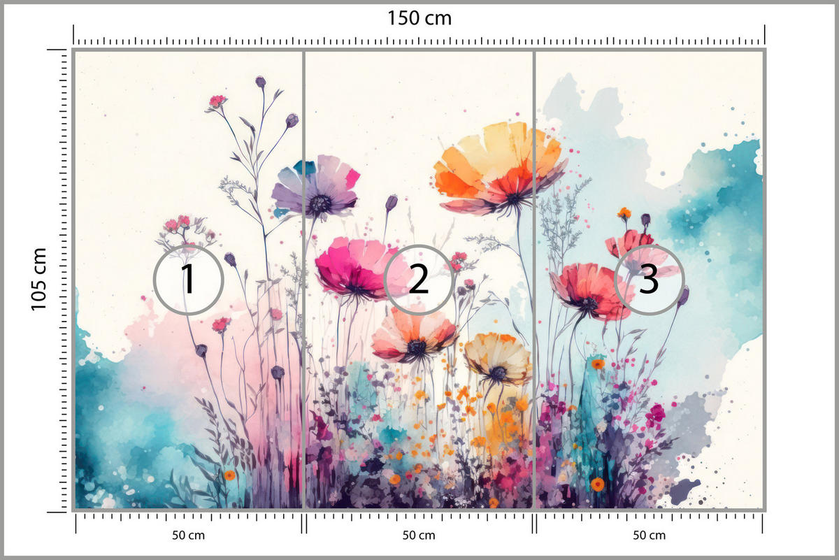FOTOTAPETE für Schlafzimmer Abstrakte Bunte Wiesenblumen Aquarell 150x105 - Türkis/Rot, Papier (150/105cm) - Muralo