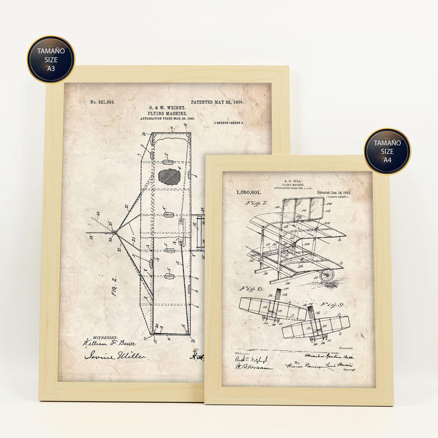 POSTER Set Mit 6 Plakaten Mit Flugzeug Patenten Im Vintage Stil A3 & A4 Rahmen Aus Hellem Holz - Beige, Papier (29/3cm) - Nacnic