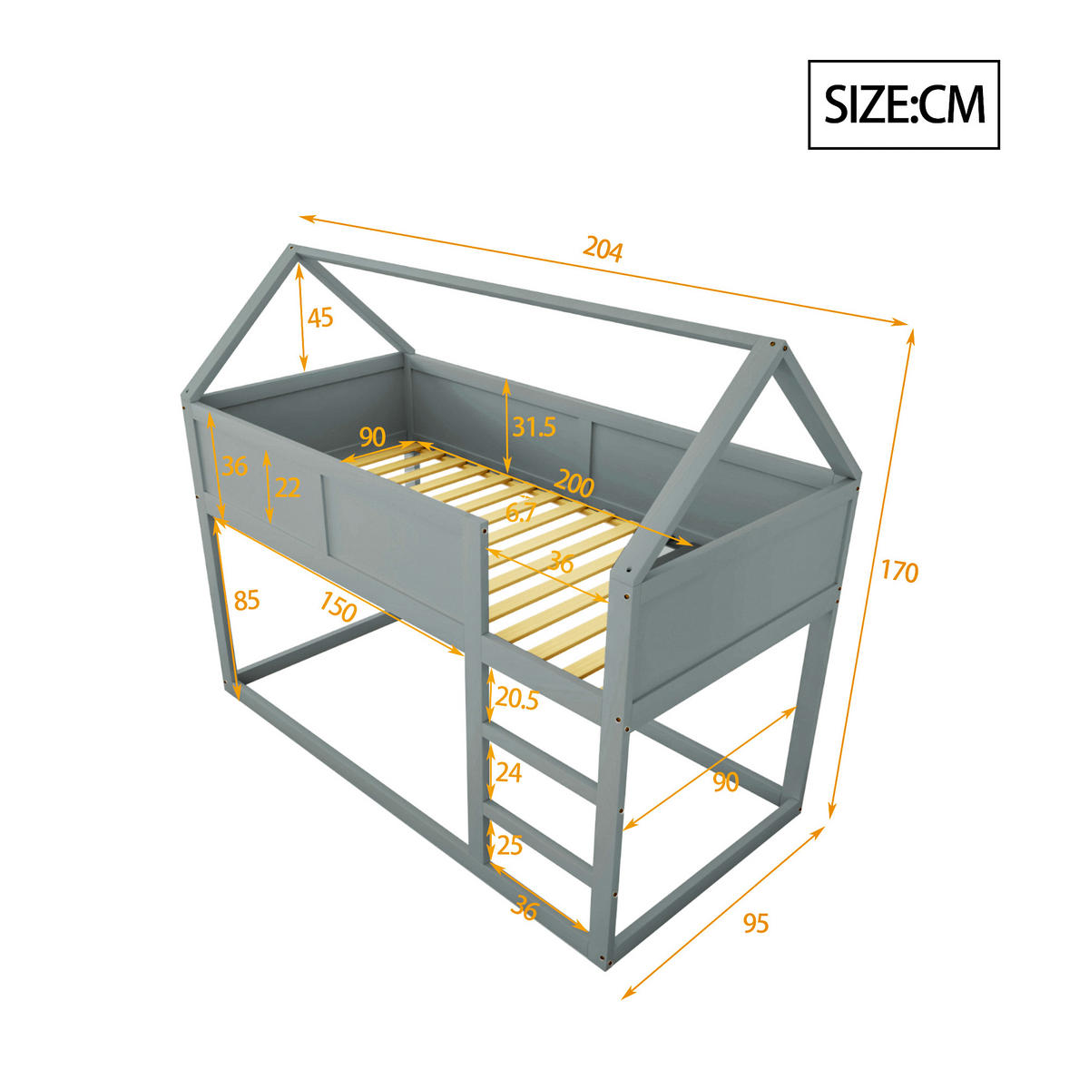ETAGENBETT 90/200 cm grau mit Treppe aus Massivholz - Grau, Holz (90/200cm) - OKWISH