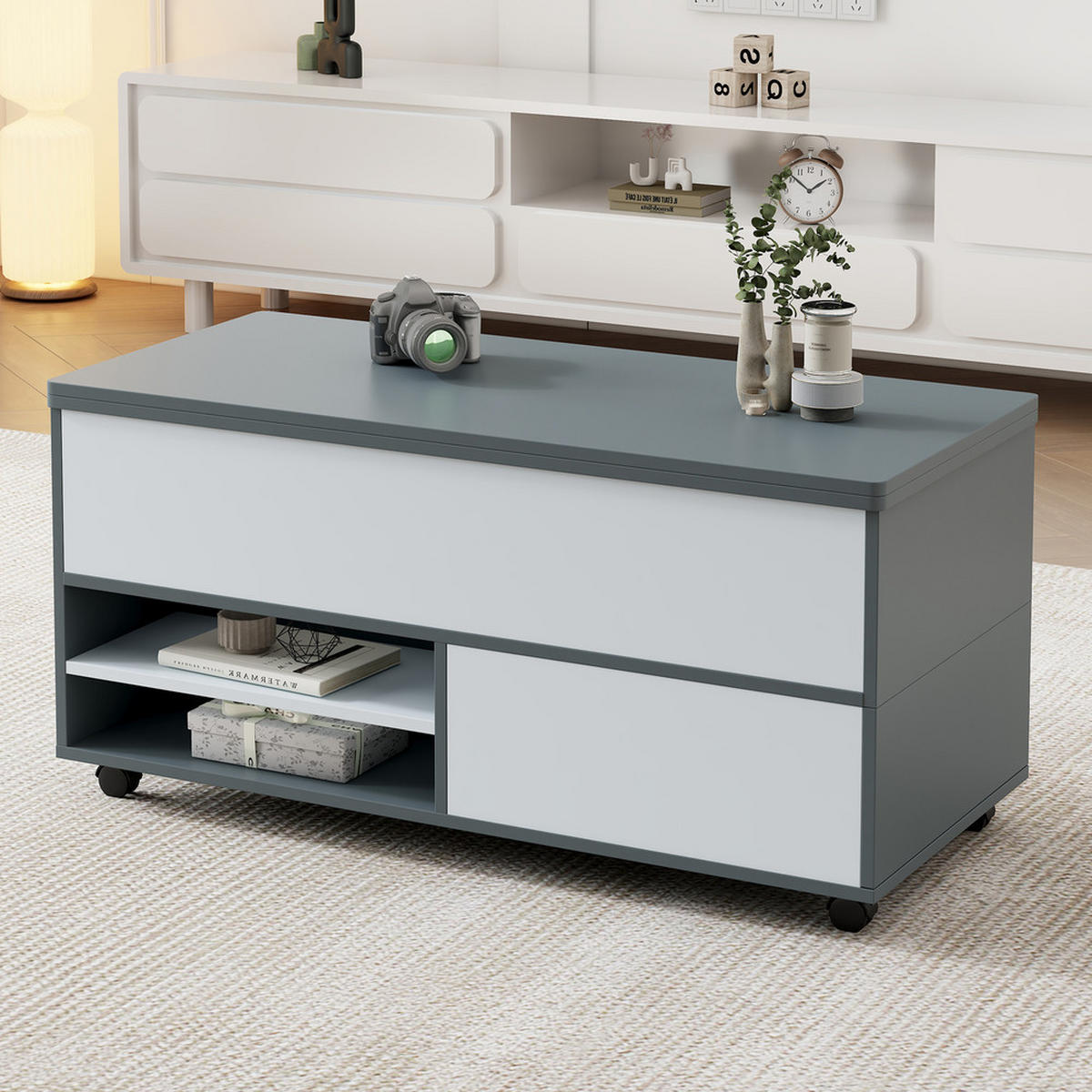 COUCHTISCH 100x98cm Höhenverstellbar Rollen Schubladen Esstisch Grau-Weiß - Grau, Holz (111.76/59.06/14.99cm) - FLIEKS