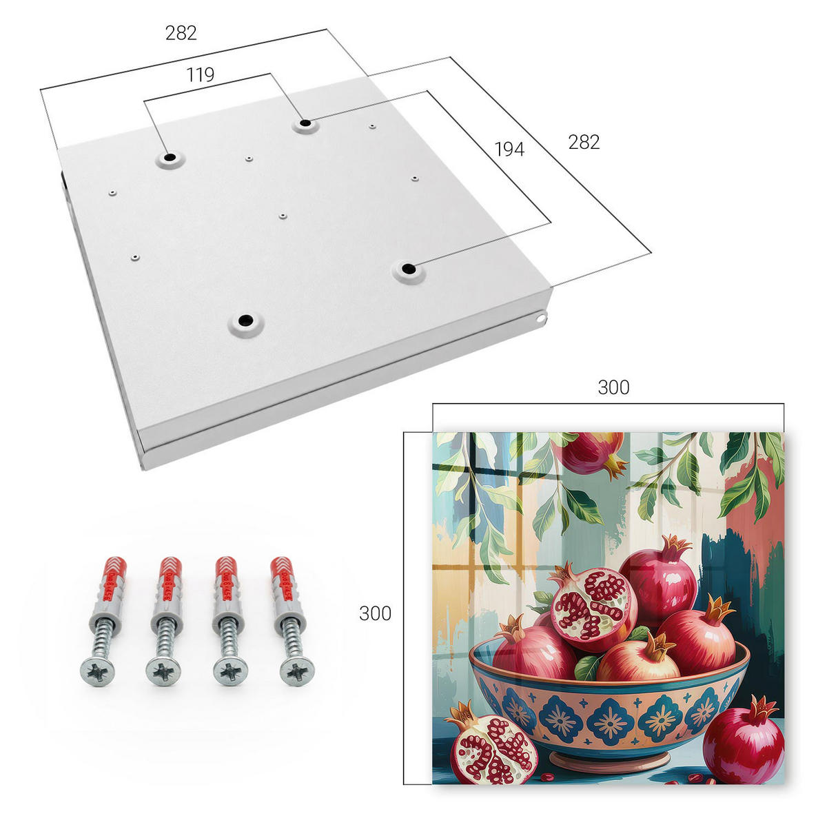 SCHLÜSSELBOX Weiß 30x30 cm – Türöffnung nach rechts - Fruchtmotiv - Rot, Metall (30/30/5cm) - TULUP