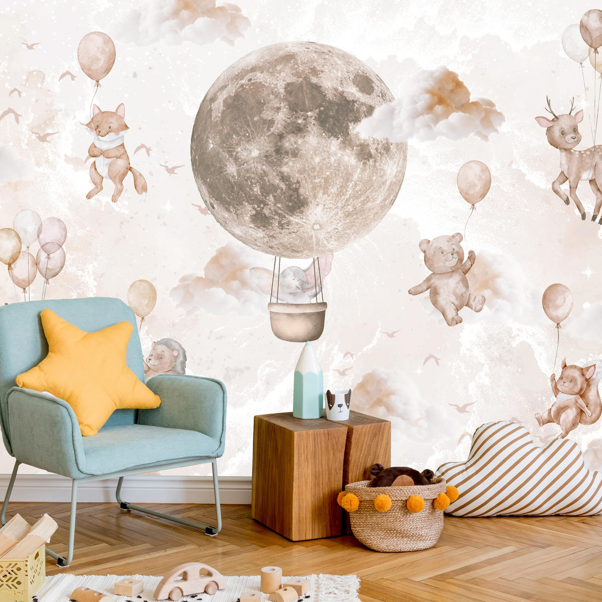 FOTOTAPETE für Kinderzimmer Mond Ballons Bär Rehkitz Giraffe Wolken 200x140 - Beige/Rosa, Papier (200/140cm) - Muralo