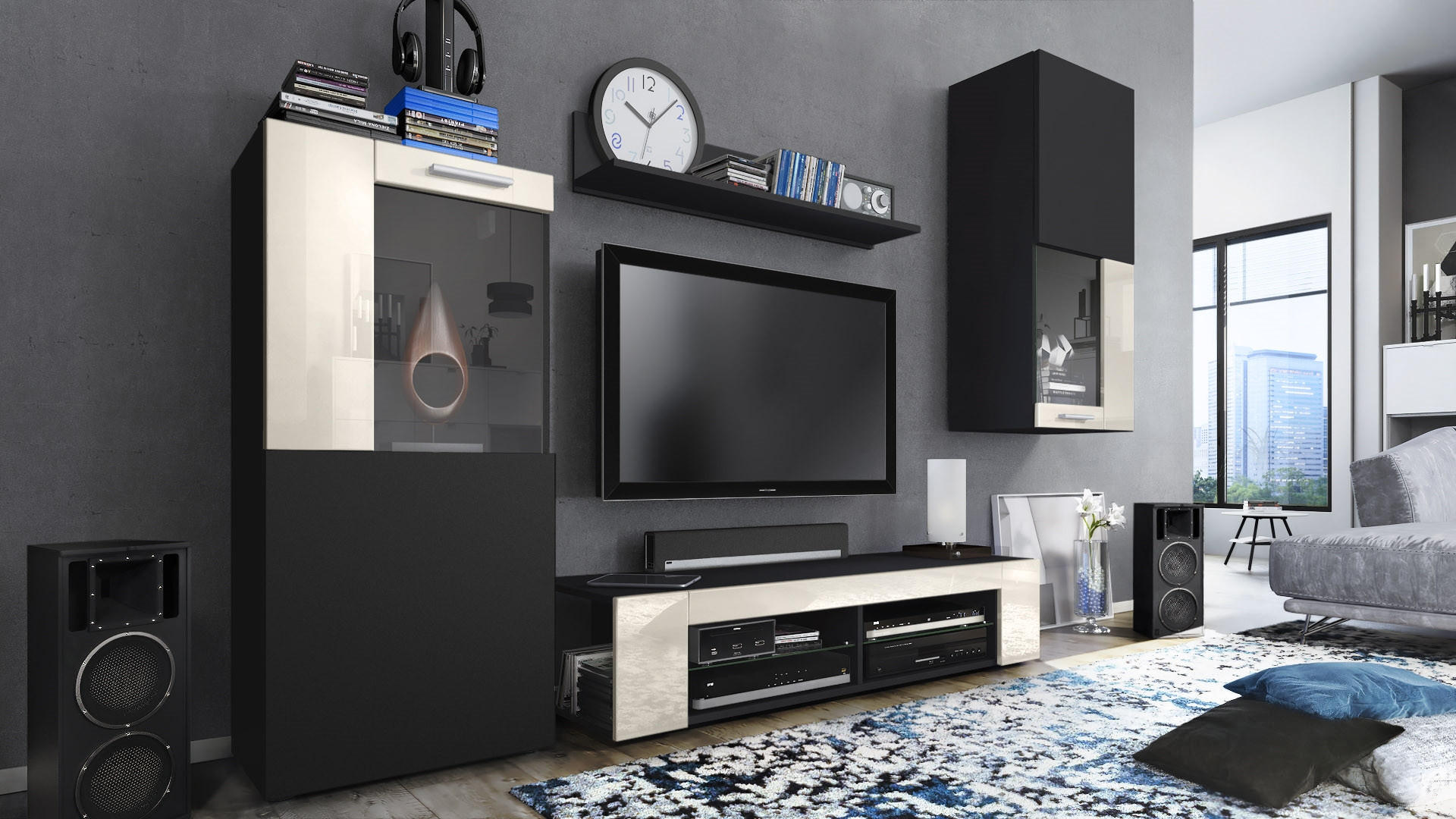 Vladon Wohnwand Creme 300x190x39 cm
