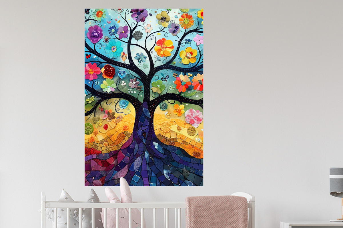 WANDTATTOO Kunst - Baum des Lebens - Blumen - Hippie 80x120 cm - Dunkelblau, Kunststoff (80/120/0.1cm) - MuchoWow