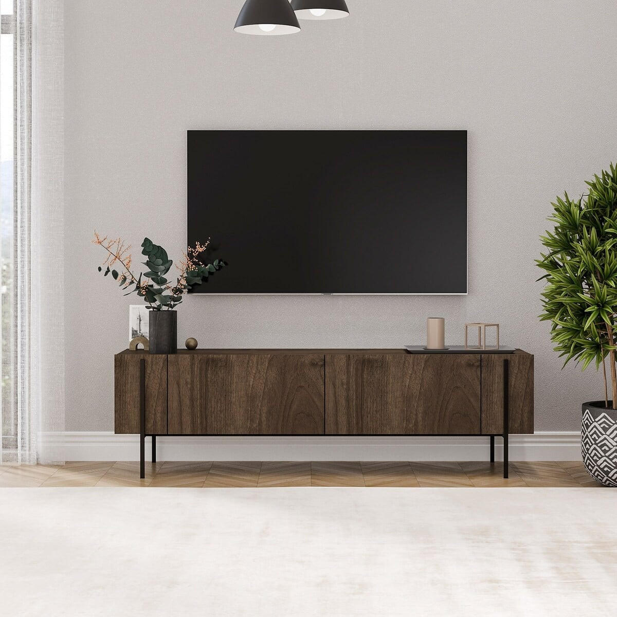TV stolek se 2 dveřmi a kovovými nohami, šířka 160 cm, HERMIONE - přírodní, kompozitní dřevo (31.4/45.6/160cm) - Calicosy