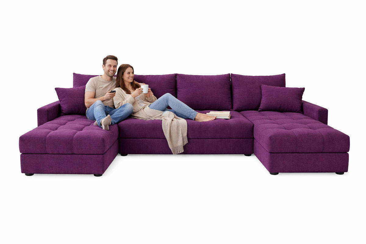 WOHNLANDSCHAFT AURELIA – Ecksofa in U-Form mit Schlaffunktion, Bettkasten & Kissen Stoff KRONOS 287 cm Violett - Violett, Kunststoff (287/140cm) - Wohnideebilder