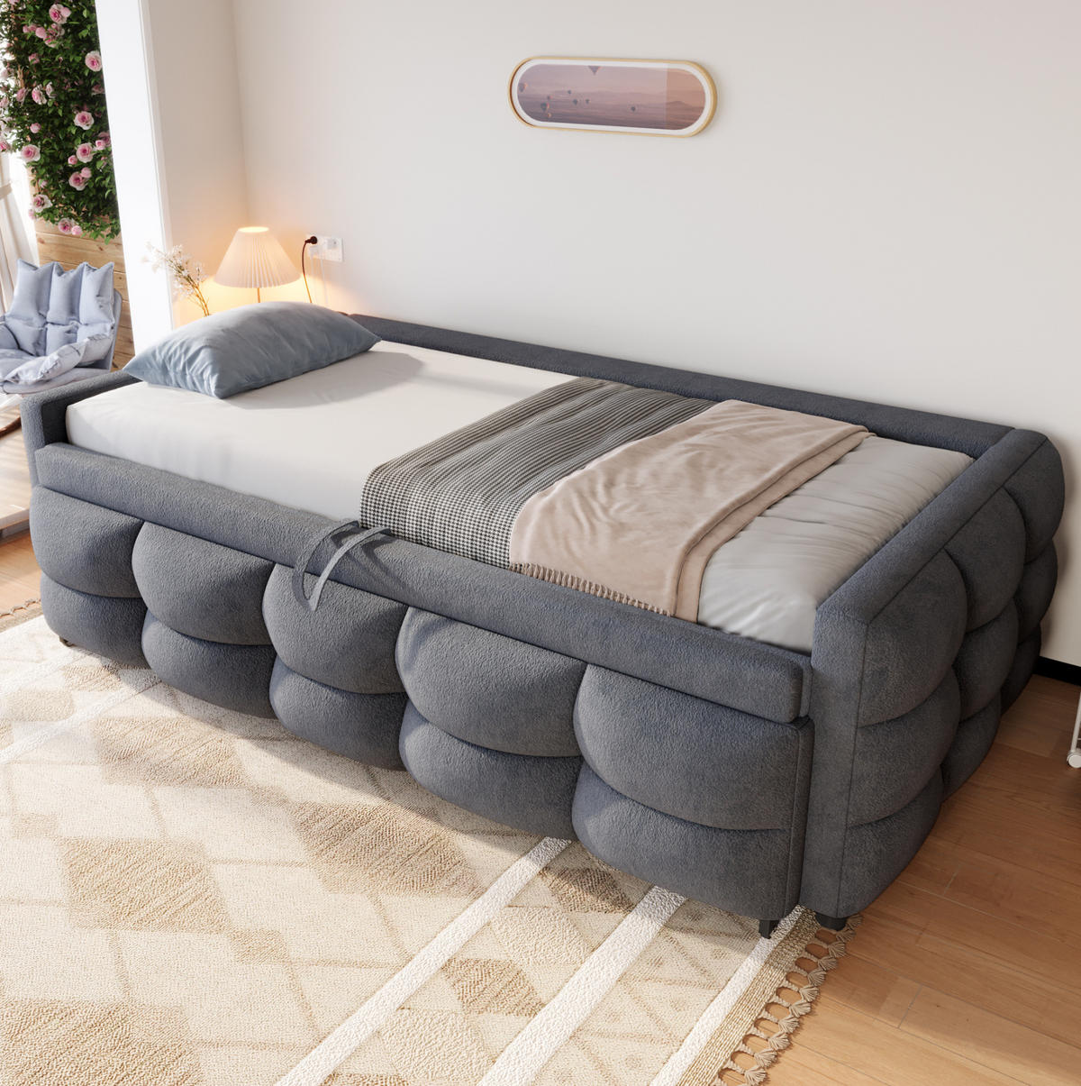 ČALÚNENÁ posteľ z teddy látky 90x190 cm sivá rozkladacia s lamelovým roštom a úložným riešením - sivá, textil (90/190cm) - Modfu