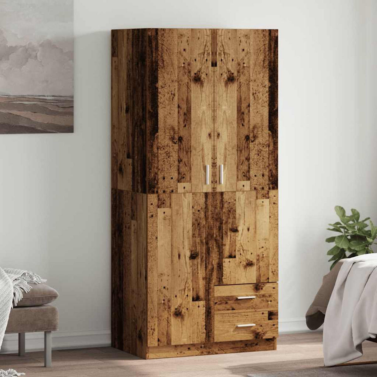 KLEIDERSCHRANK mit 2 Schubladen 2-Türig 80/52/180 cm aus Holzwerkstoff Altholz-Optik Dekor - Braun, Holz (80/180/52cm) - vidaXL
