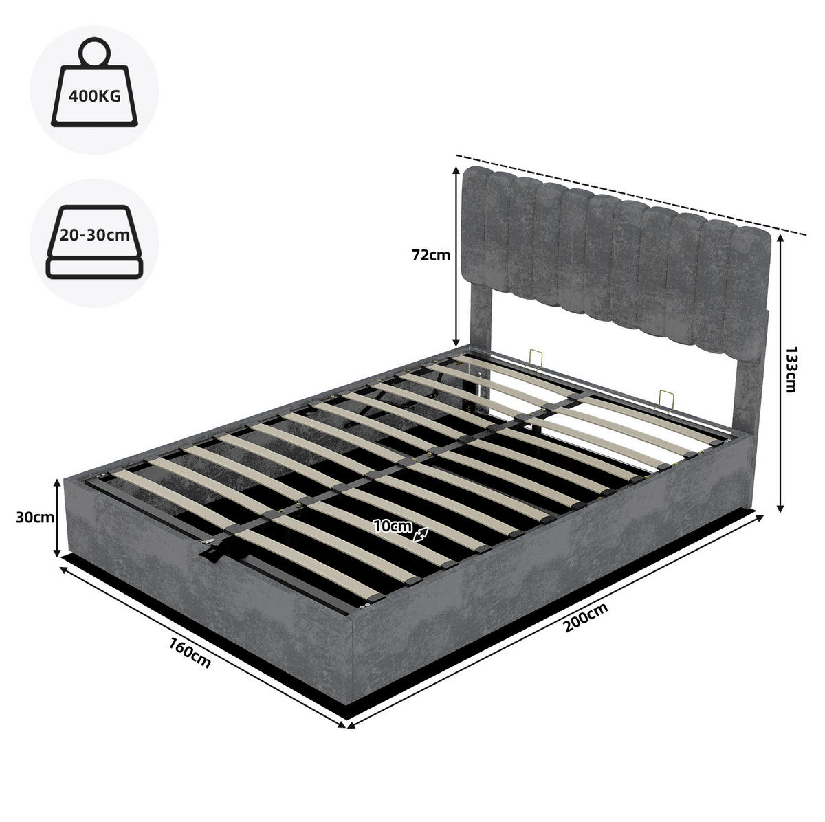 POLSTERBETT 160/200 cm grau aus Stoff und Metall mit Stauraum - Grau, Textil (160/200cm) - OKWISH