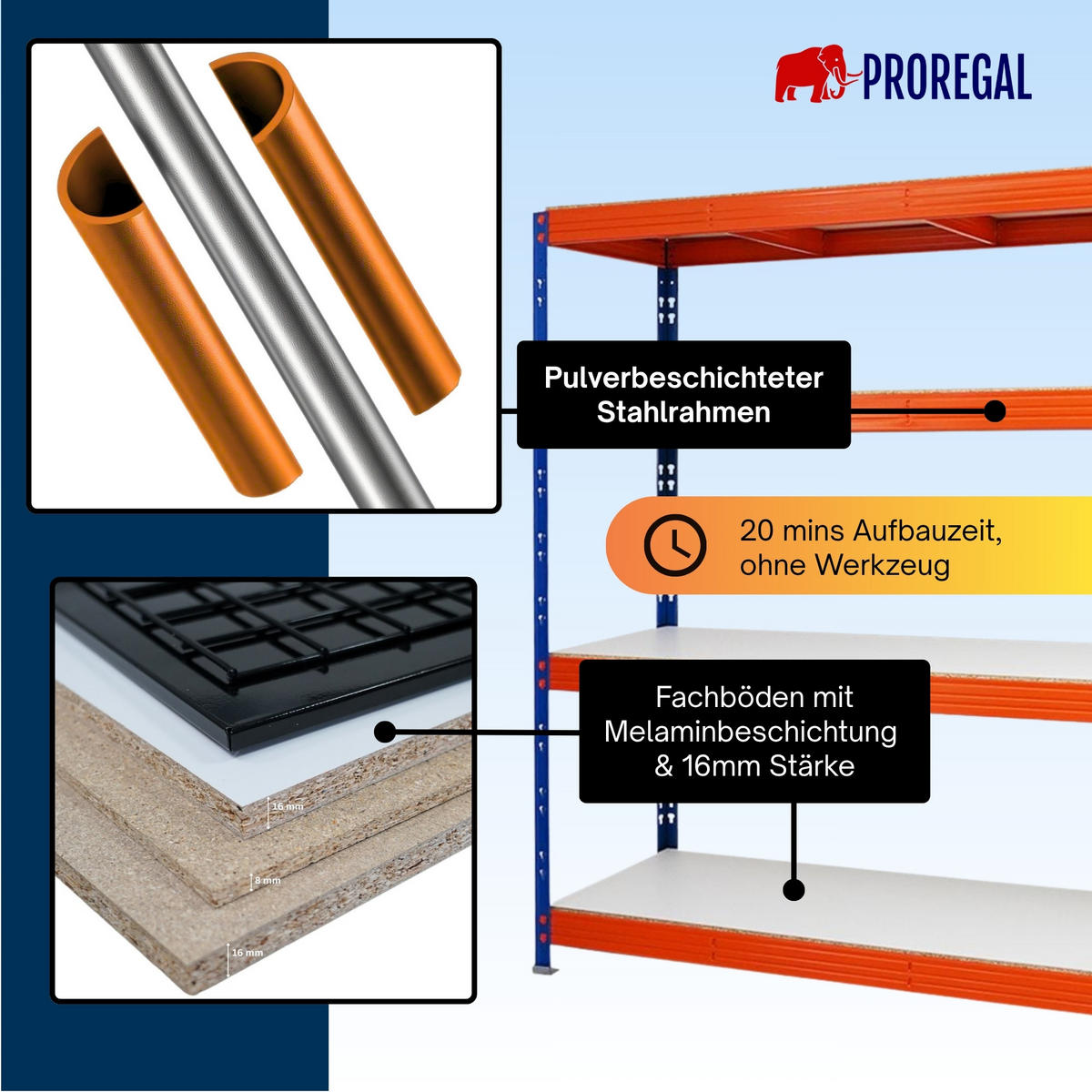 SCHWERLASTREGAL Rhino 180x200x60 cm 4 Melamin-Ebenen 16mm Fachlast 500 kg Blau/Orange - Blau/Orange, Metall (200/180/60cm) - PROREGAL