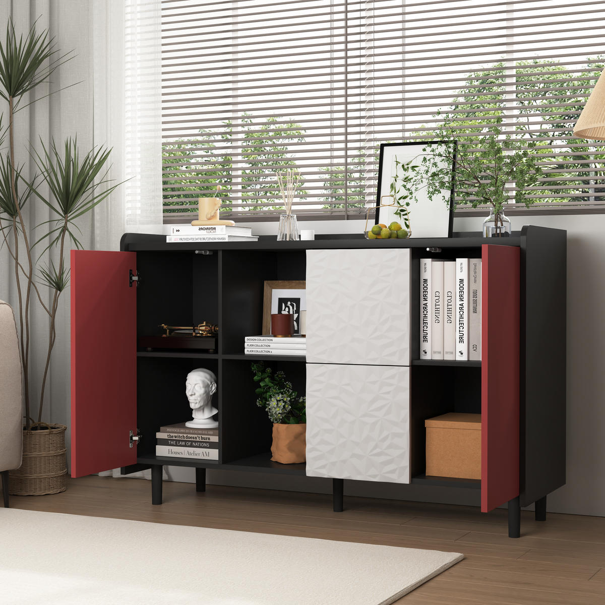 SIDEBOARD 40/120/80 cm schwarz/rot aus MDF mit 2 Schubladen - Schwarz, Holzwerkstoff (120/80/40cm) - OKWISH