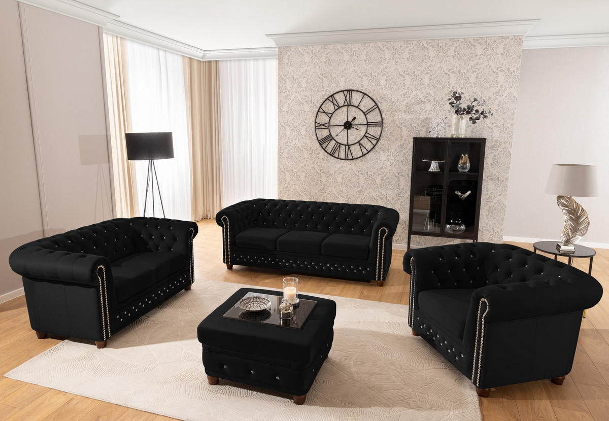 SITZGARNITUR 3+2 Chesterfield Cleo Blink Schwarz Samt mit Kristallsteppung und braunen Massivholzfüßen - Schwarz/Braun, Holz/Textil (203/72/86cm) - S-Style Möbel