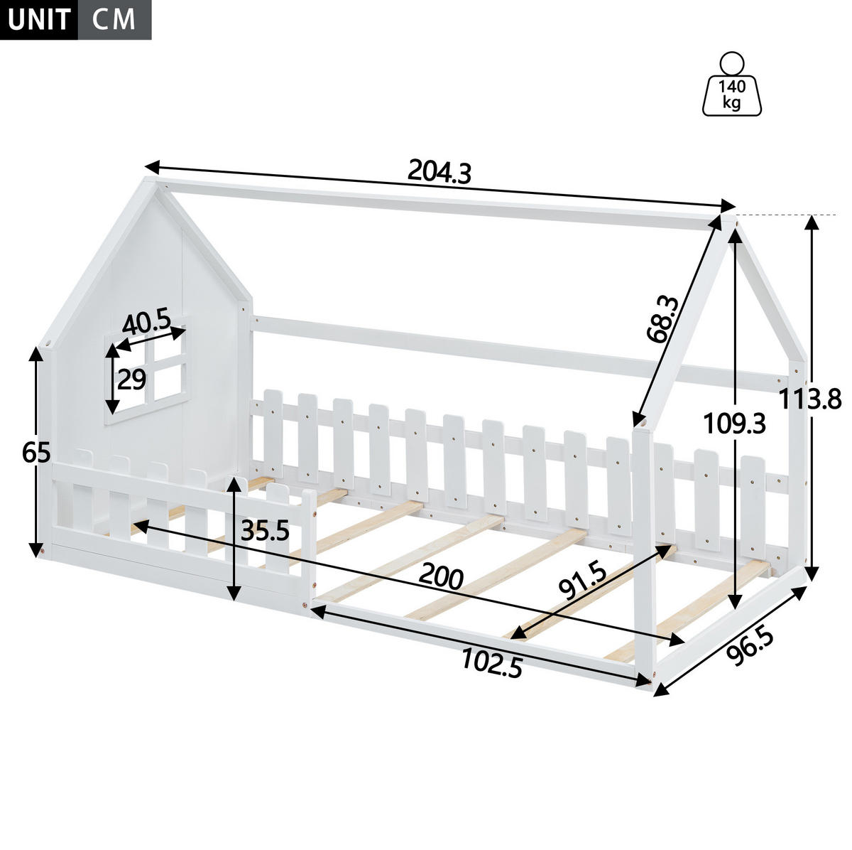 KINDERBETT 90/200 cm in Hausform mit Lattenrost aus Kiefer und MDF, Weiß - Weiß, Holzwerkstoff (90/200cm) - Redom