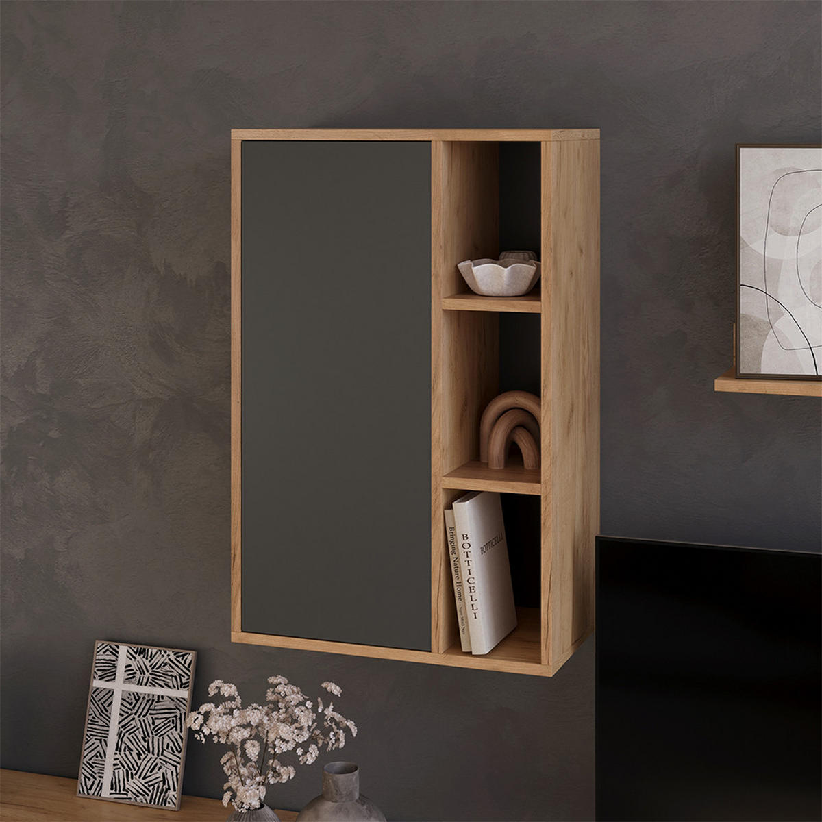 STĚNOVÁ POLICE Berno Zlatý dub power/antracit - medově dubová/antracitová, kompozitní dřevo (50.1/78.4/28.3cm) - Vicco