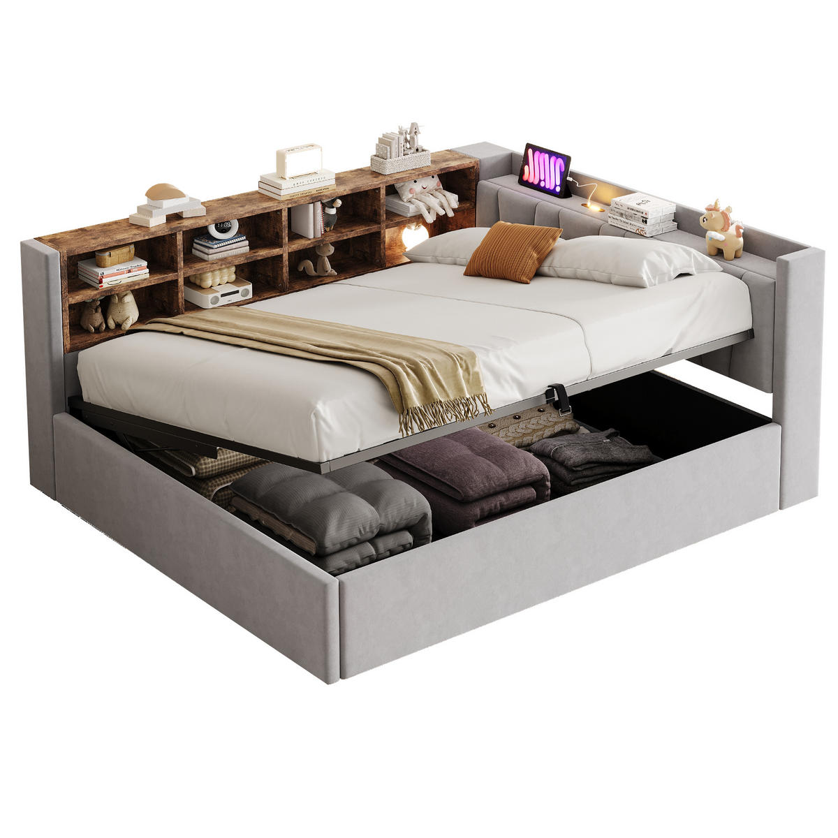 POLSTERBETT 140/200 cm in Hellgrau Samt mit Stauraum, USB, Type-C, LED und Ablagen - Hellgrau, Holzwerkstoff/Textil (140/200cm) - CHICFURN