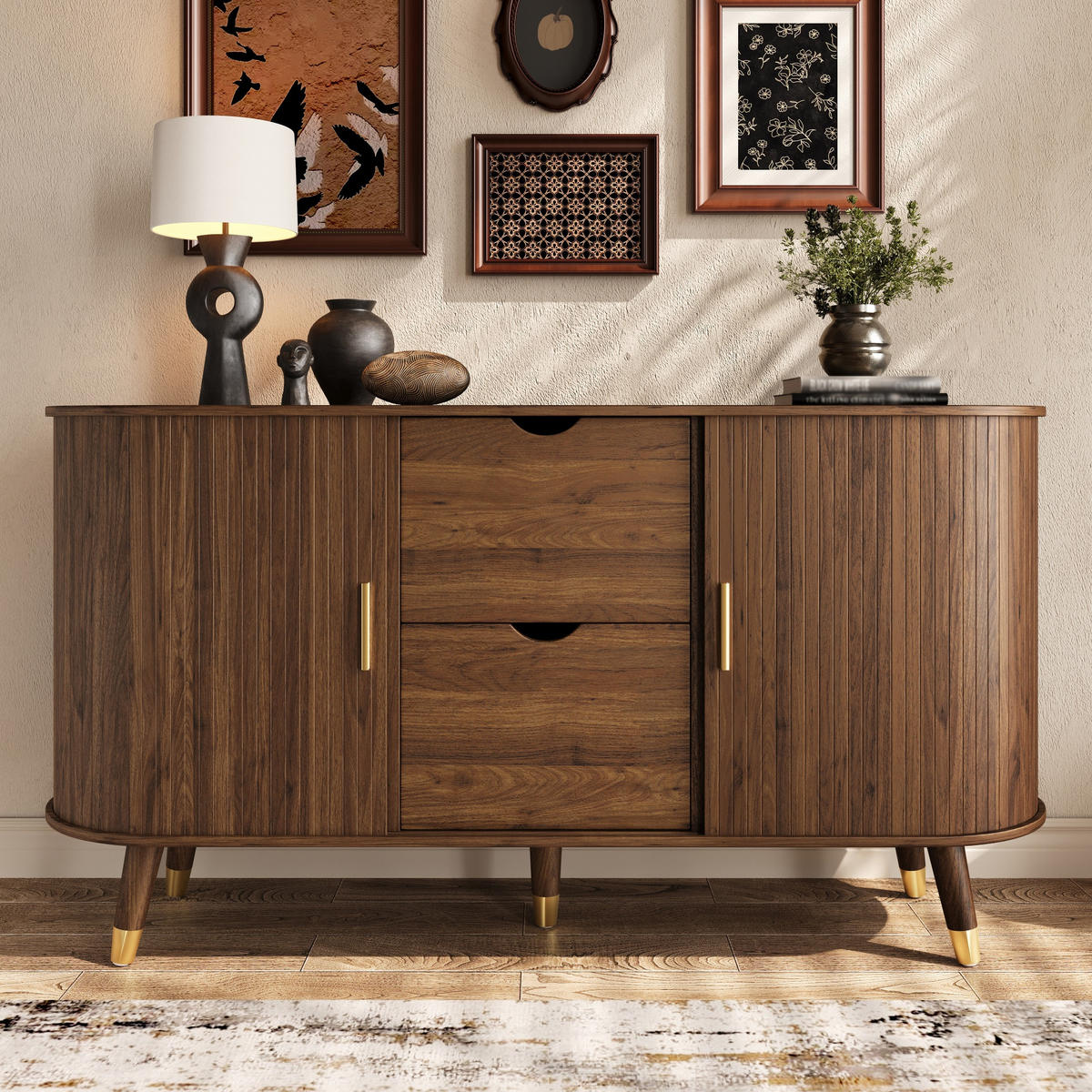 SIDEBOARD vertikale Maserung Schiebetüren 2 Schubladen modern - Walnussfarben, Holzwerkstoff (40/79.5/140cm) - FLIEKS