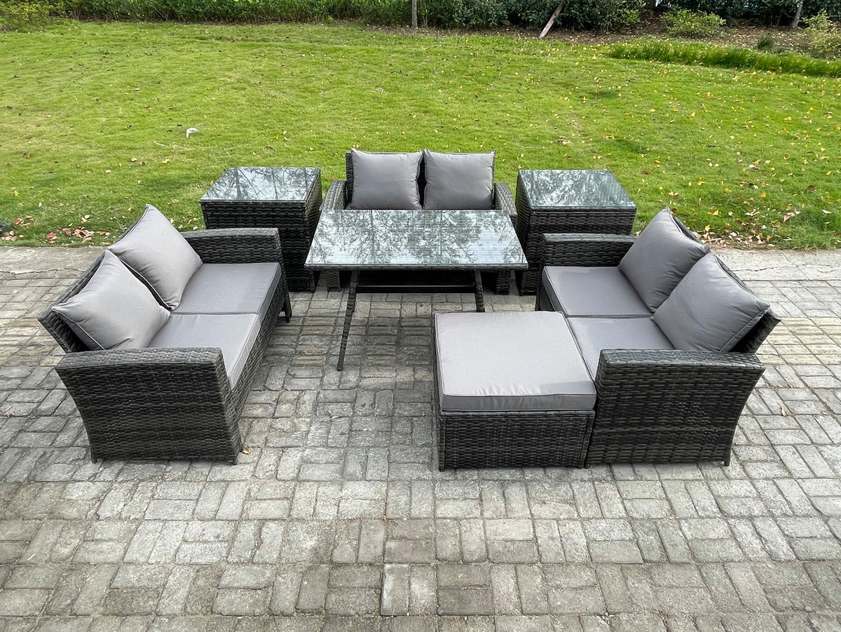 GARTENMÖBELSET mit ESSTISCH,HOCHLEHNER-SOFA Polyrattan Dunkelgrauer Mix 7-Sitzer - Dunkelgrau/Grau, Glas/Kunststoff - Fimous