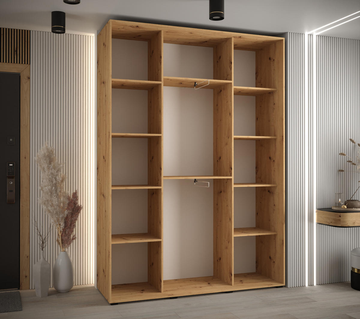 SCHWEBETÜRENSCHRANK 235,2/180/45 3-türig - Silberfarben/Eiche Artisan, Holz/Metall (180/235/45cm) - Abiks Möbel