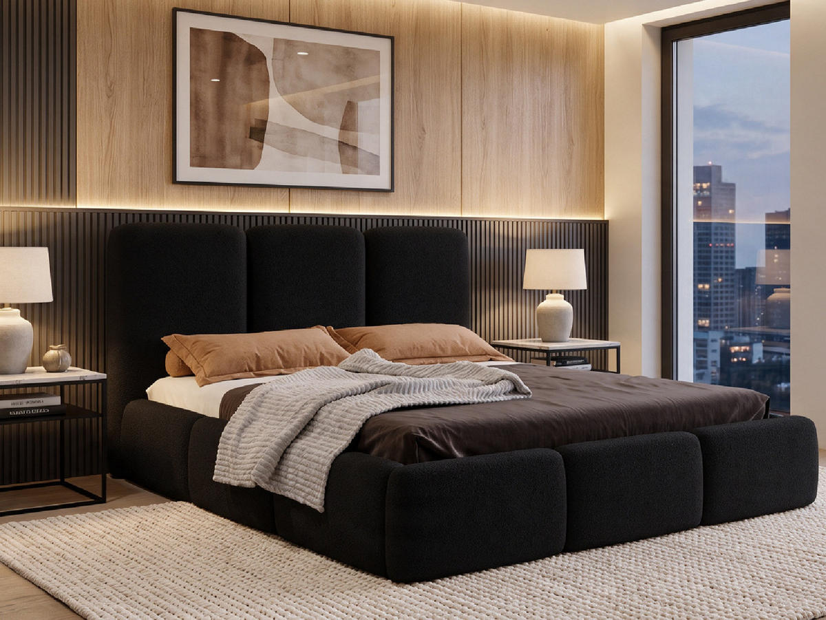 POLSTERBETT VARDO 180x200 cm mit Bettkasten, Stauraum und Metall-Lattenrost – Bouclé Stoff Schwarz - Schwarz, Textil/Metall (180/200cm) - Luxkor24