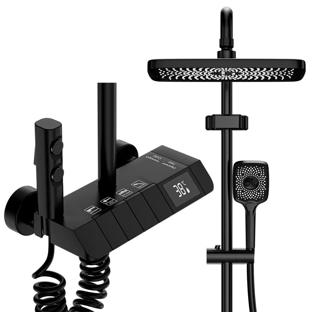 ÜBERKOPFBRAUSESET 4-Funktionen Digitalanzeige Kupfer Heiß Kalt Mischbatterie - Schwarz, Metall (21/110/30cm) - Bextcok