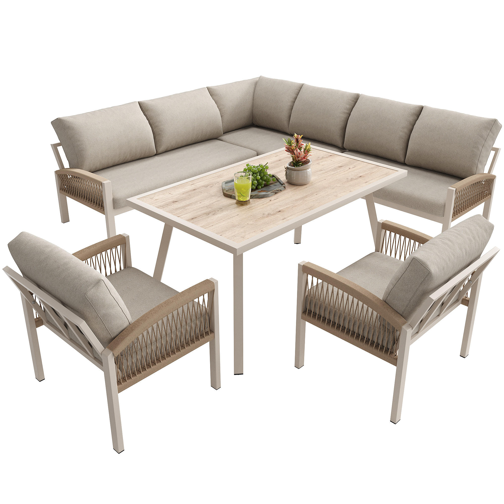 GARTENSETS aus Eisen 234x63x86cm Beige mit Holzoptik-Sicherheitsglas-Tisch - Beige, Metall - Modfu