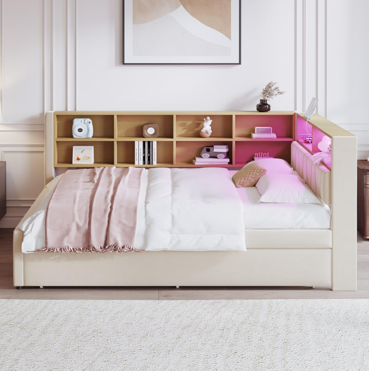 POLSTERBETT 140/200 cm aus Flanell mit LED-Leuchten, Beige - Beige, Textil (140/200cm) - OKMYHOME