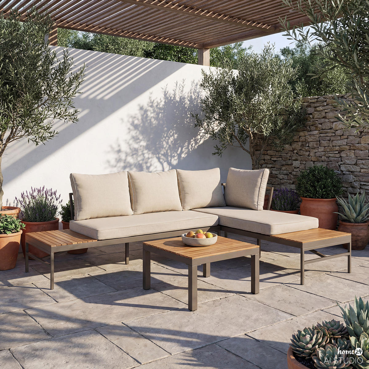 LOUNGESET - 3-teilig - Webstoff / Akazie massiv - Beige / Akazie Braun - Beige, Holz/Textil - home24