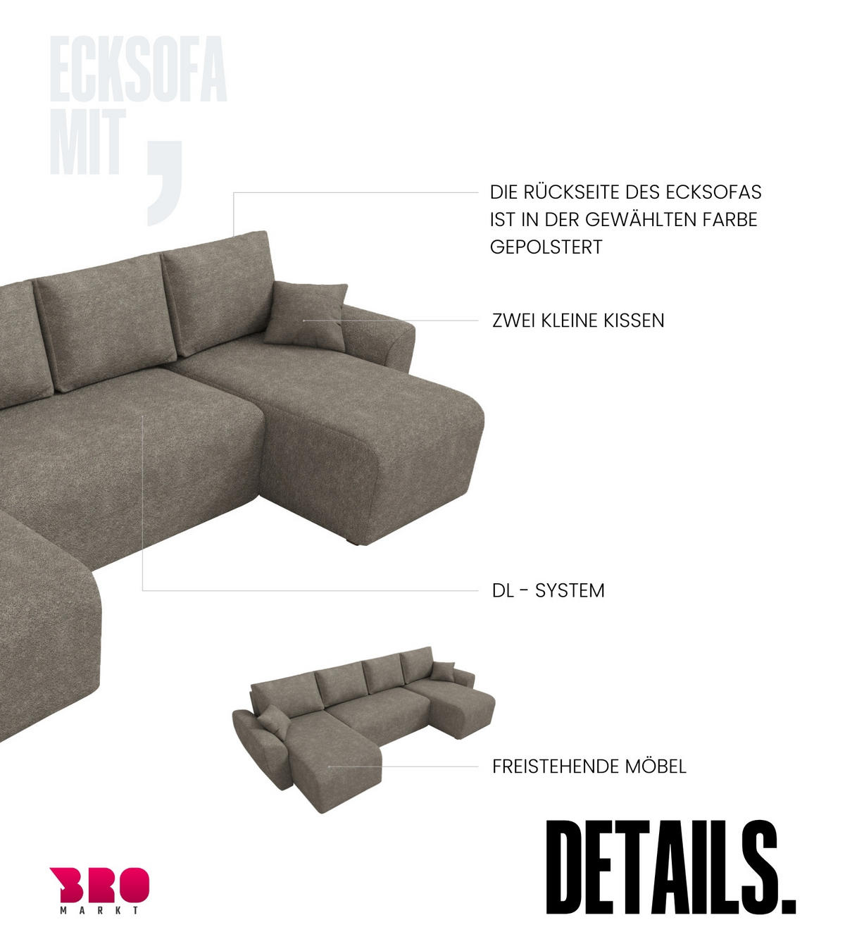 WOHLANDSCHAFT Rotterdam U mit Schlaffunktion Braun Bouclé - Braun, Textil (310/80/141cm) - Bromarkt