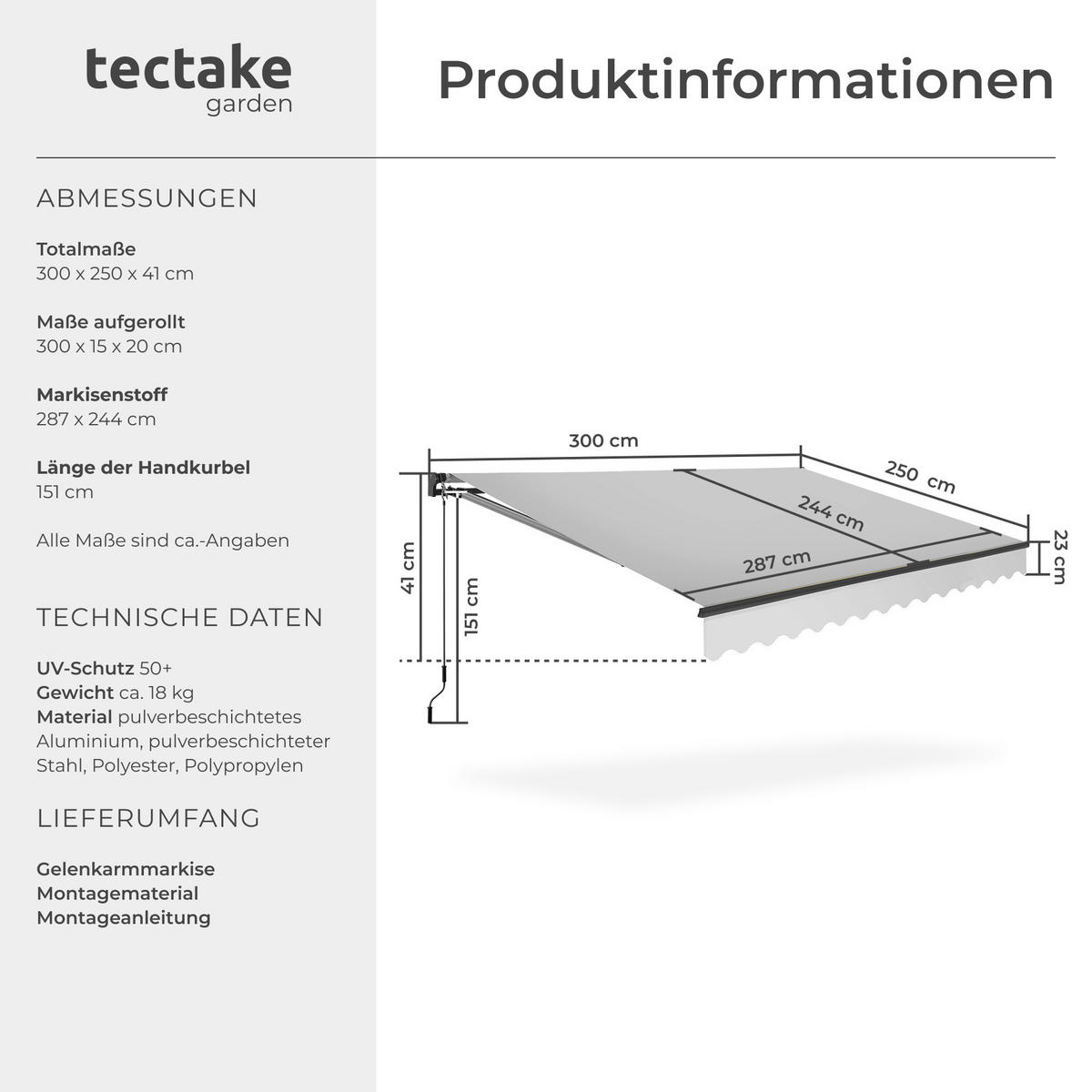 GELENKARMMARKISE Ornella,inkl. Wandhalterung,hellgrau - Hellgrau, Kunststoff (300/41/250cm) - tectake