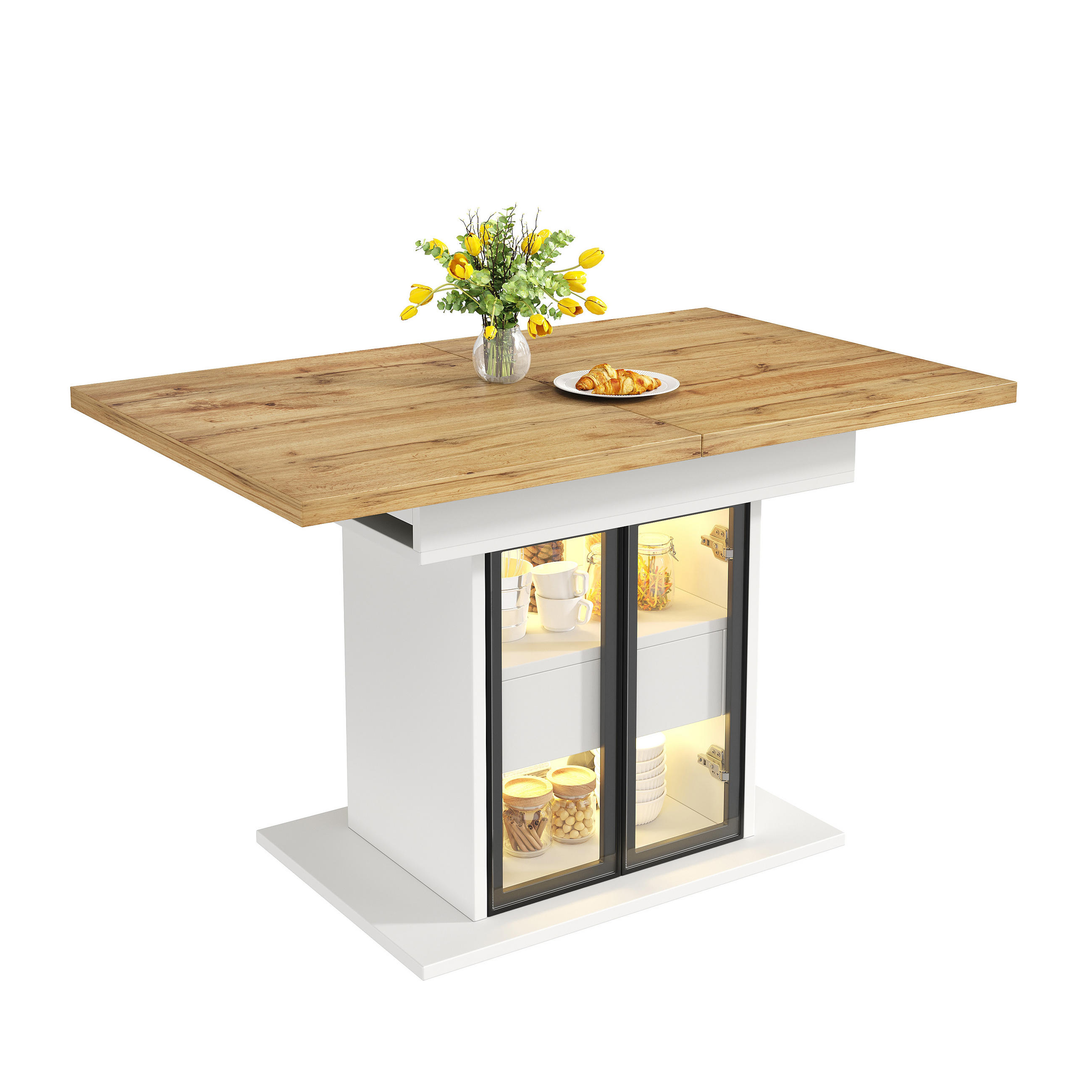 ESSTISCH Weiß 110–140×80×77,9 cm ausziehbar mit Stauraum und RGB-LED-Beleuchtung aus Holzwerkstoff und Metall - Weiß, Holzwerkstoff (80/110/77.9cm) - Luhomfu