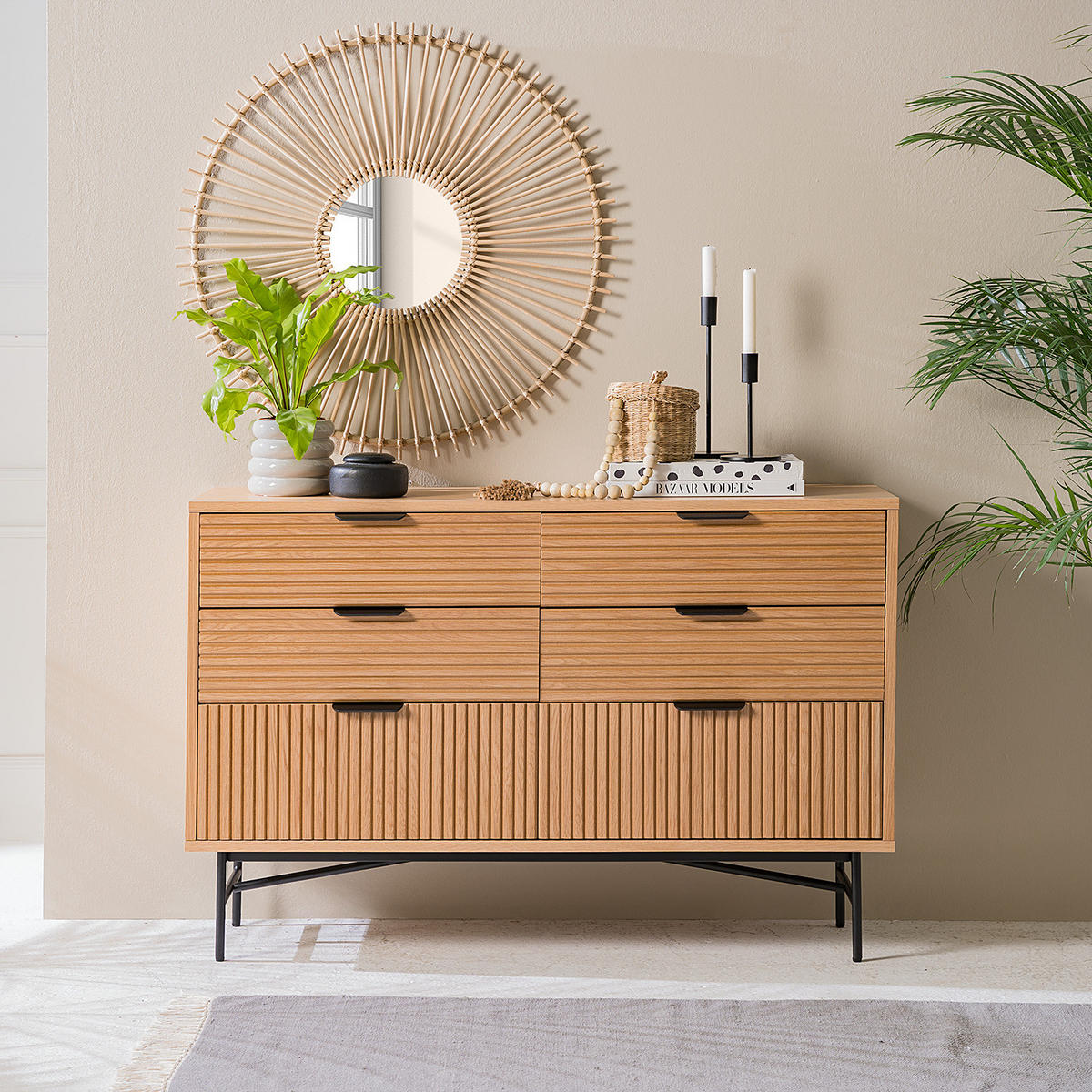 SIDEBOARD mit 6 Schubladen - Echtholzfurnier - Eichefarben/Schwarz, Holzwerkstoff (120/80/40cm) - home24