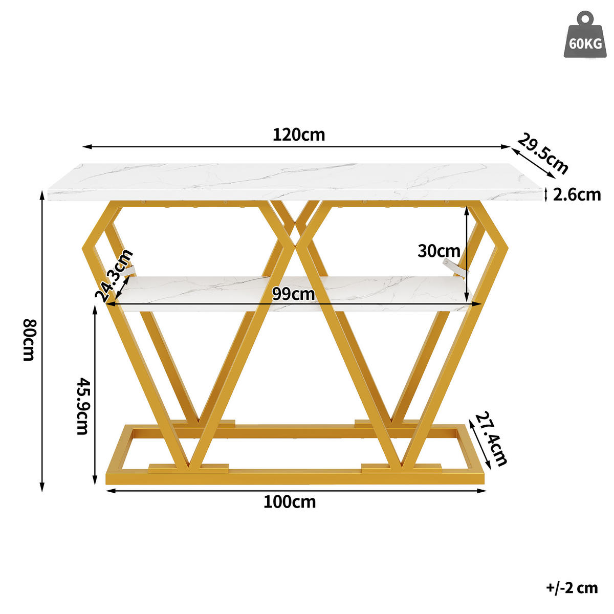 KONSOLENTISCH 120/29,5/80 cm Weiß in Marmoroptik mit Ablage MDF Metall - Weiß, Holzwerkstoff (120/29.5/80cm) - OKWISH