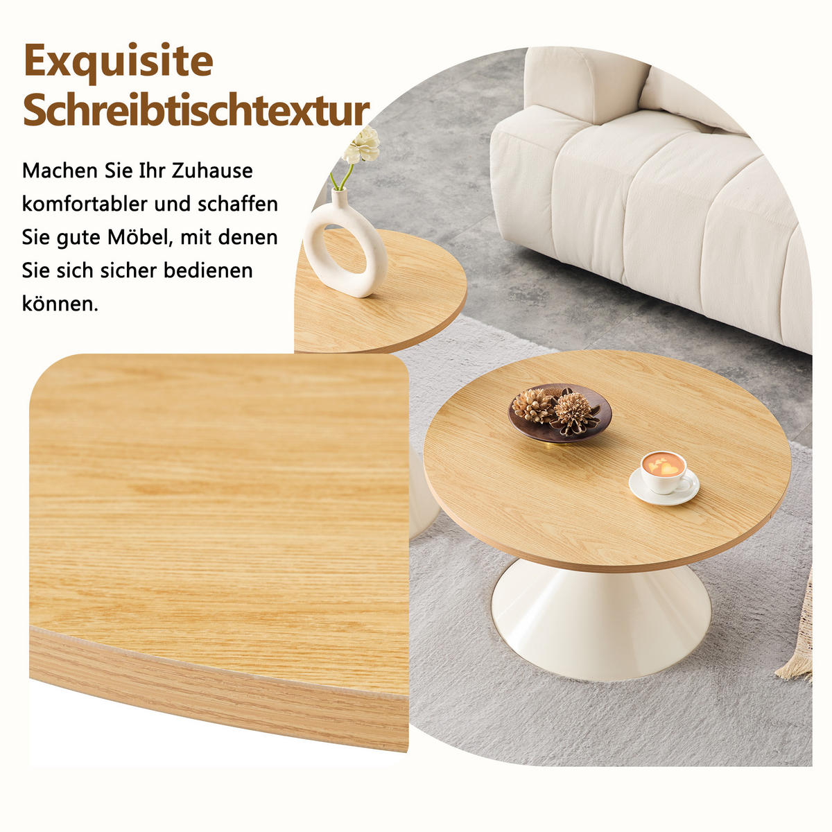 COUCHTISCH-SET DE-37434 2er-Set konusförmig mit Holzoptik Naturholz/Creme - Creme/Naturfarben, Metall (50/50/50cm) - ComfortXL