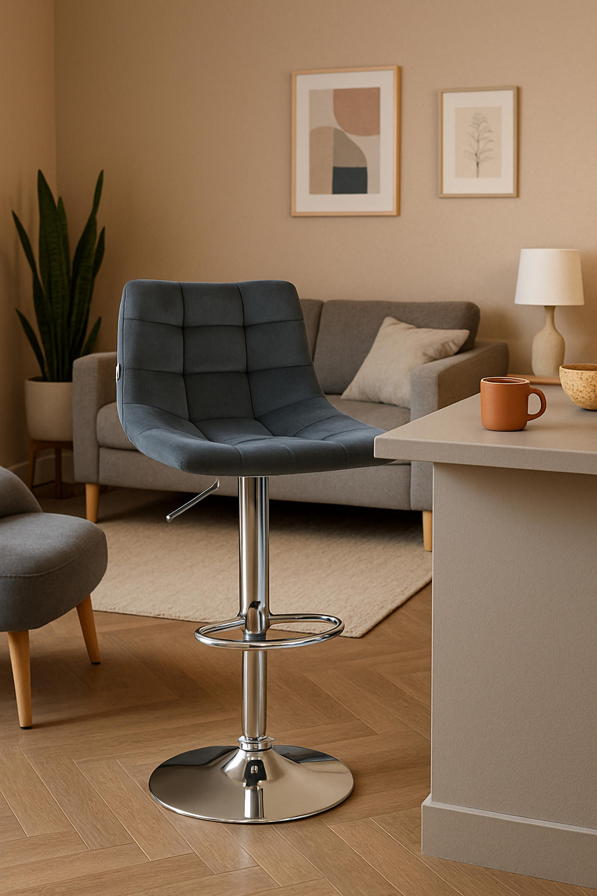 BARHOCKER James Samt chrom dunkelgrau - Chromfarben/Dunkelgrau, Textil/Metall (43/108.5/46.5cm) - TPFLiving
