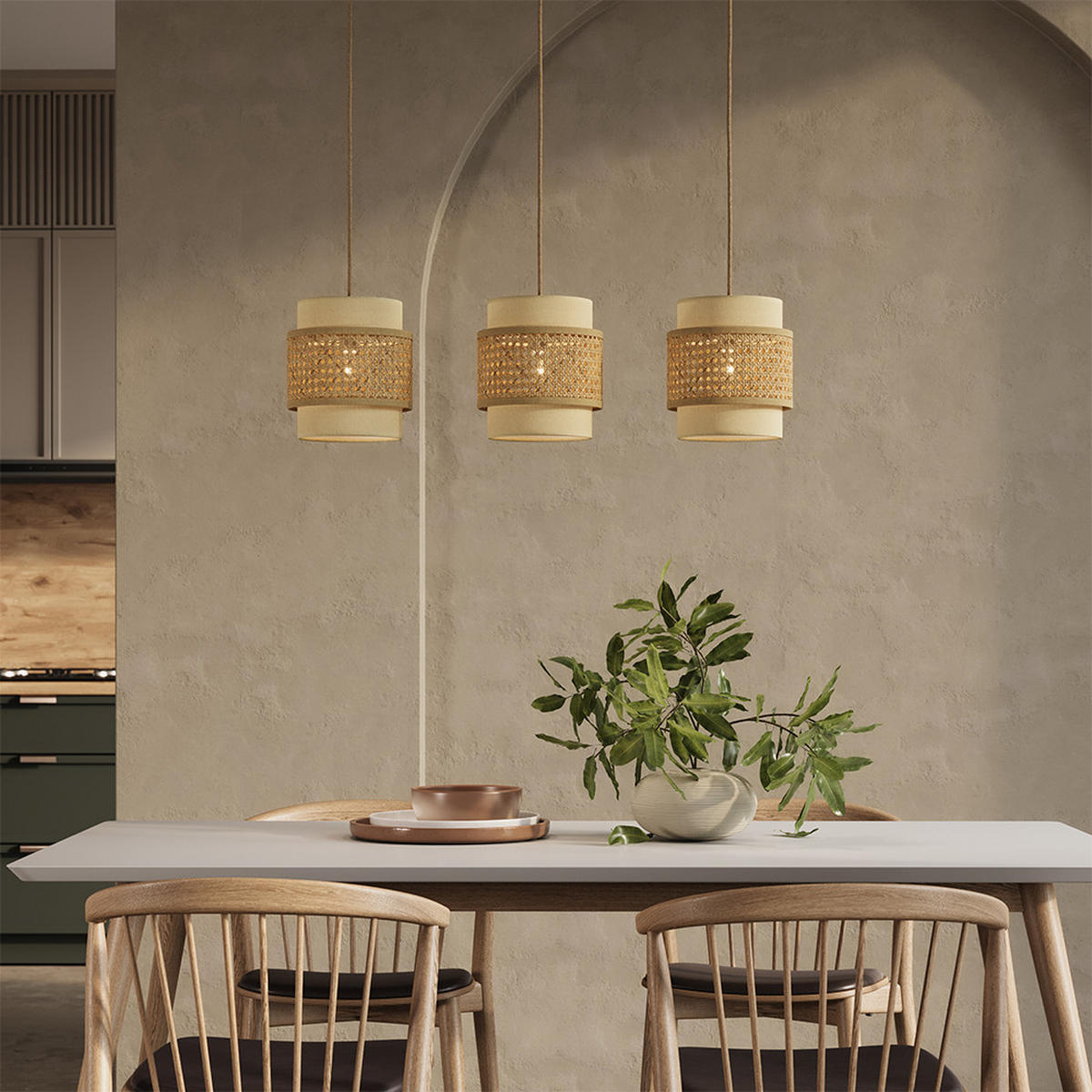 3ER PENDELLEUCHTE Morten Rattan/Creme 70 x 120 cm - Creme/Braun, Holz (70/70/120cm) - Vicco