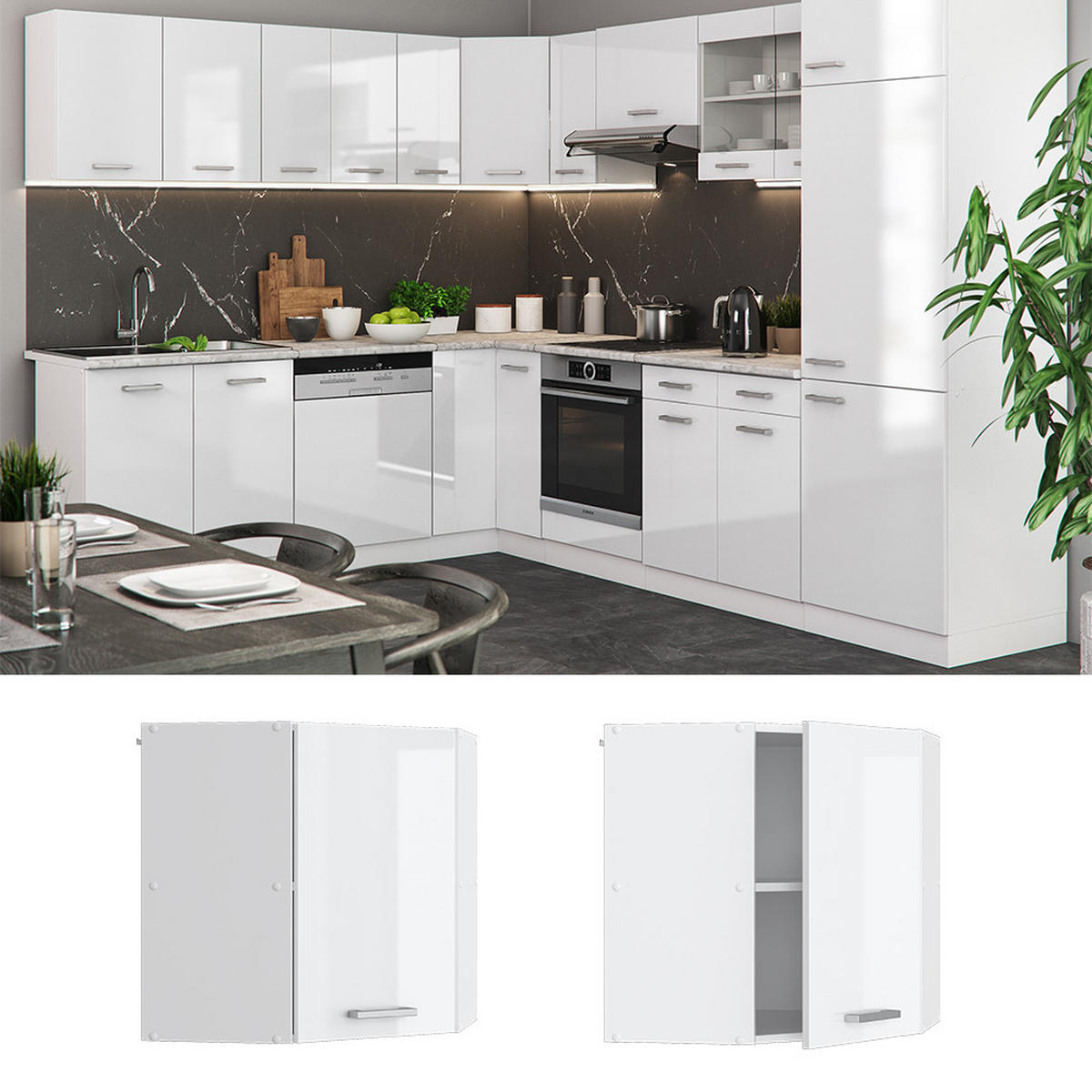 ECKHÄNGESCHRANK R-Line Weiß Hochglanz 57 cm - Weiß Hochglanz/Weiß, Holzwerkstoff (57/60/34.1cm) - Vicco