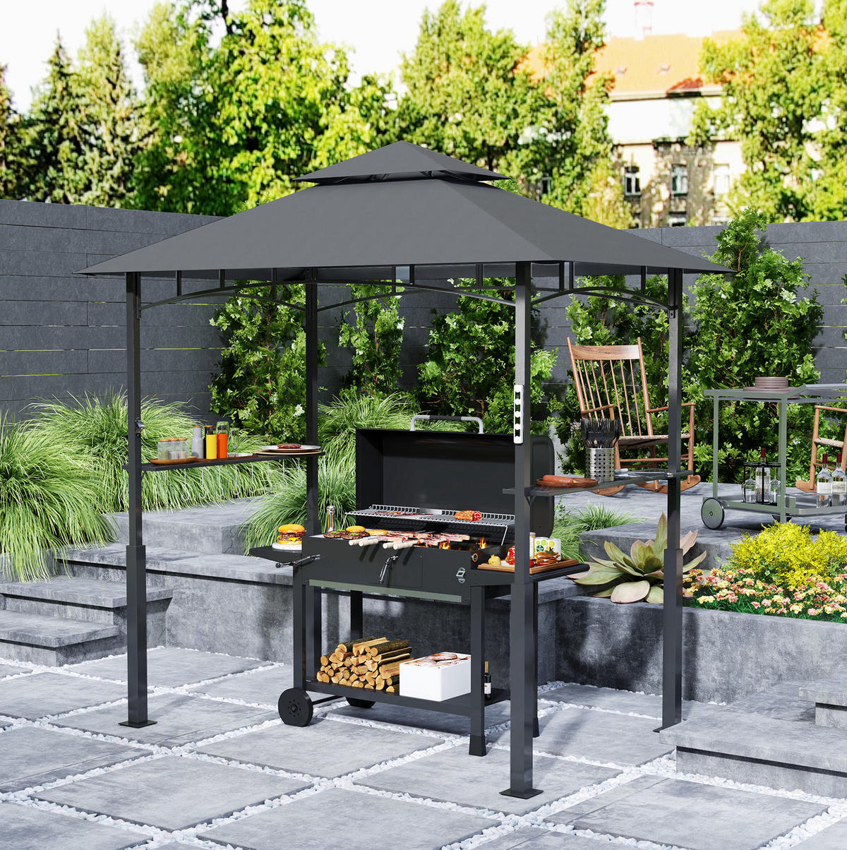PAVILLONS aus Metall 243x148x248 cm in Dunkelgrau mit LED-Magnetlicht - Dunkelgrau, Metall (243/248/148cm) - Modfu