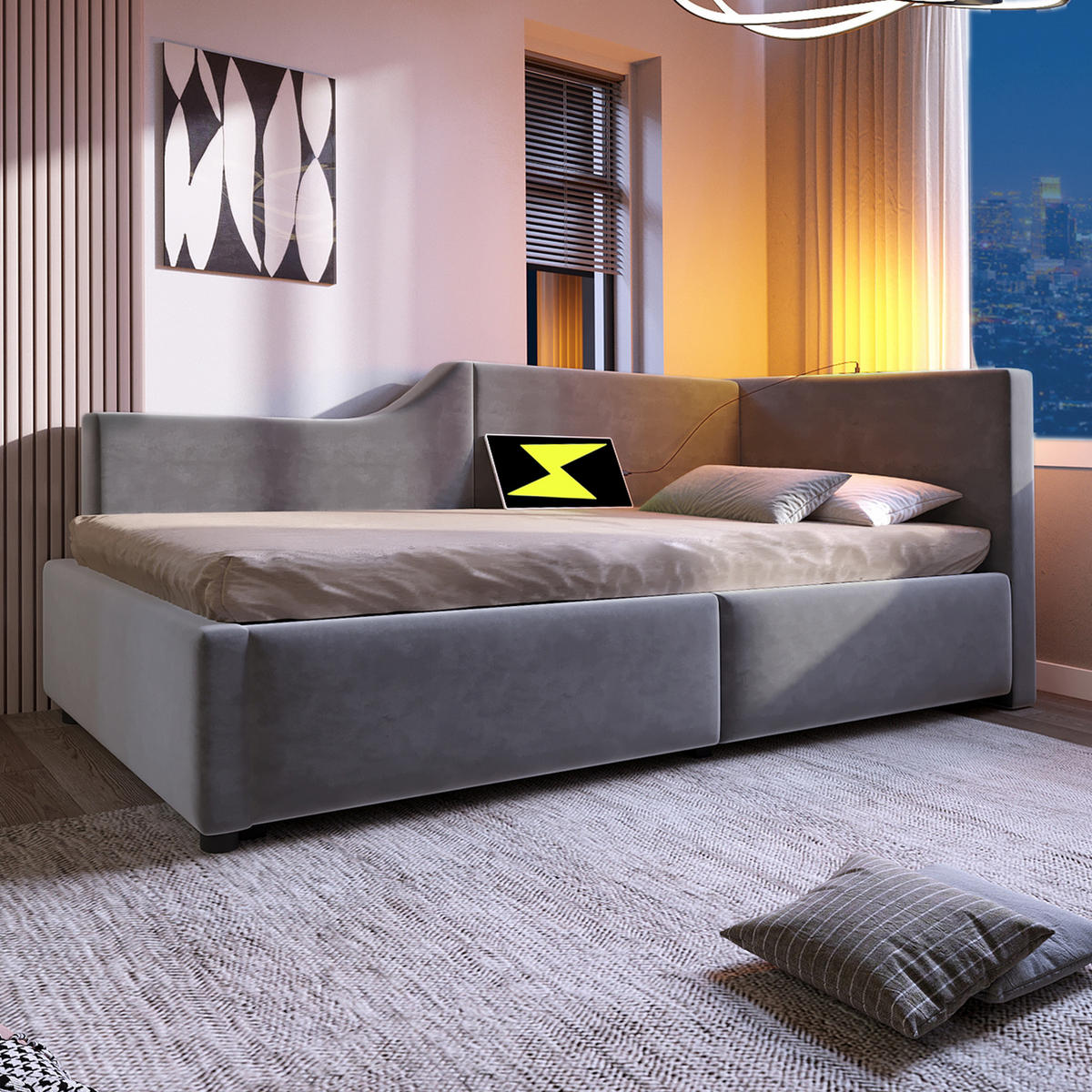 DNEVNA postelja iz žameta 90x190 cm siva s hidravličnim shranjevanjem, bralno lučko in USB-C priključkom - siva, tekstil (90/190cm) - Modfu