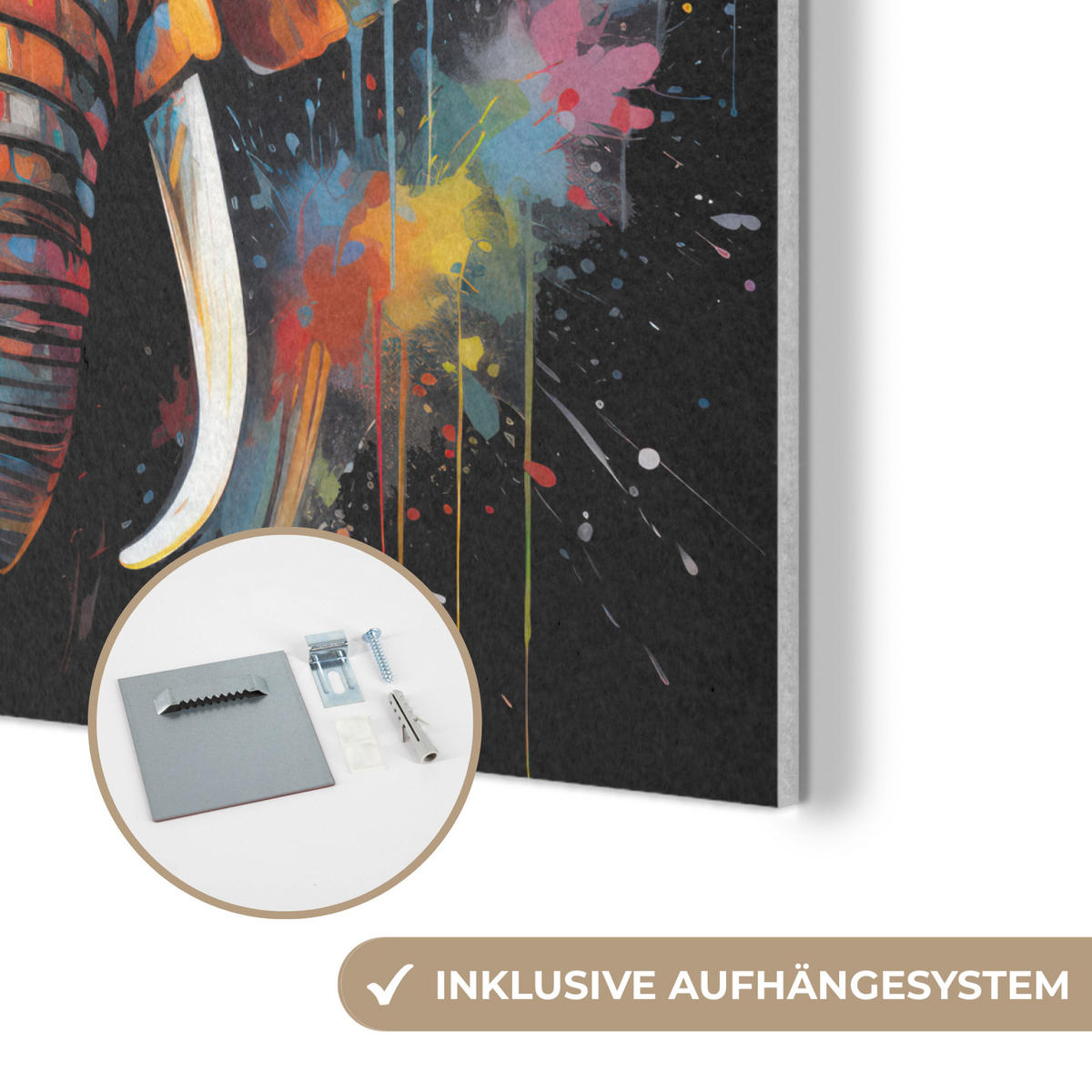 AKUSTIKPANEEL Elefant - Graffiti - Schwarz - Tiere - Farben 90x90 cm - Schwarz, Textil (90/0.9/90cm) - MuchoWow