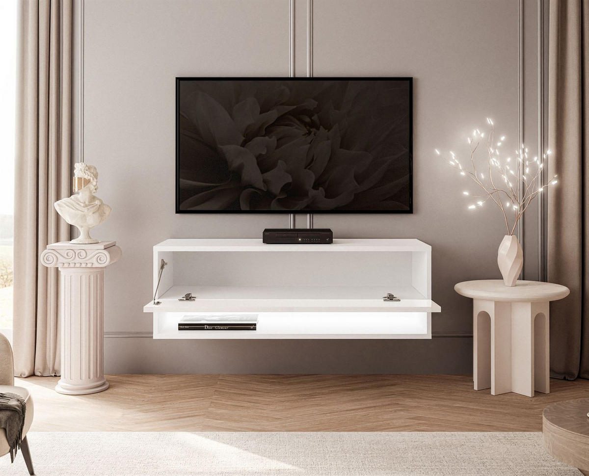 HÄNGESCHRANK TV-Möbel CALANTE 90 cm mit LED-Beleuchtung - Weiß Hochglanz, Holzwerkstoff (90/30/35cm) - Lookway