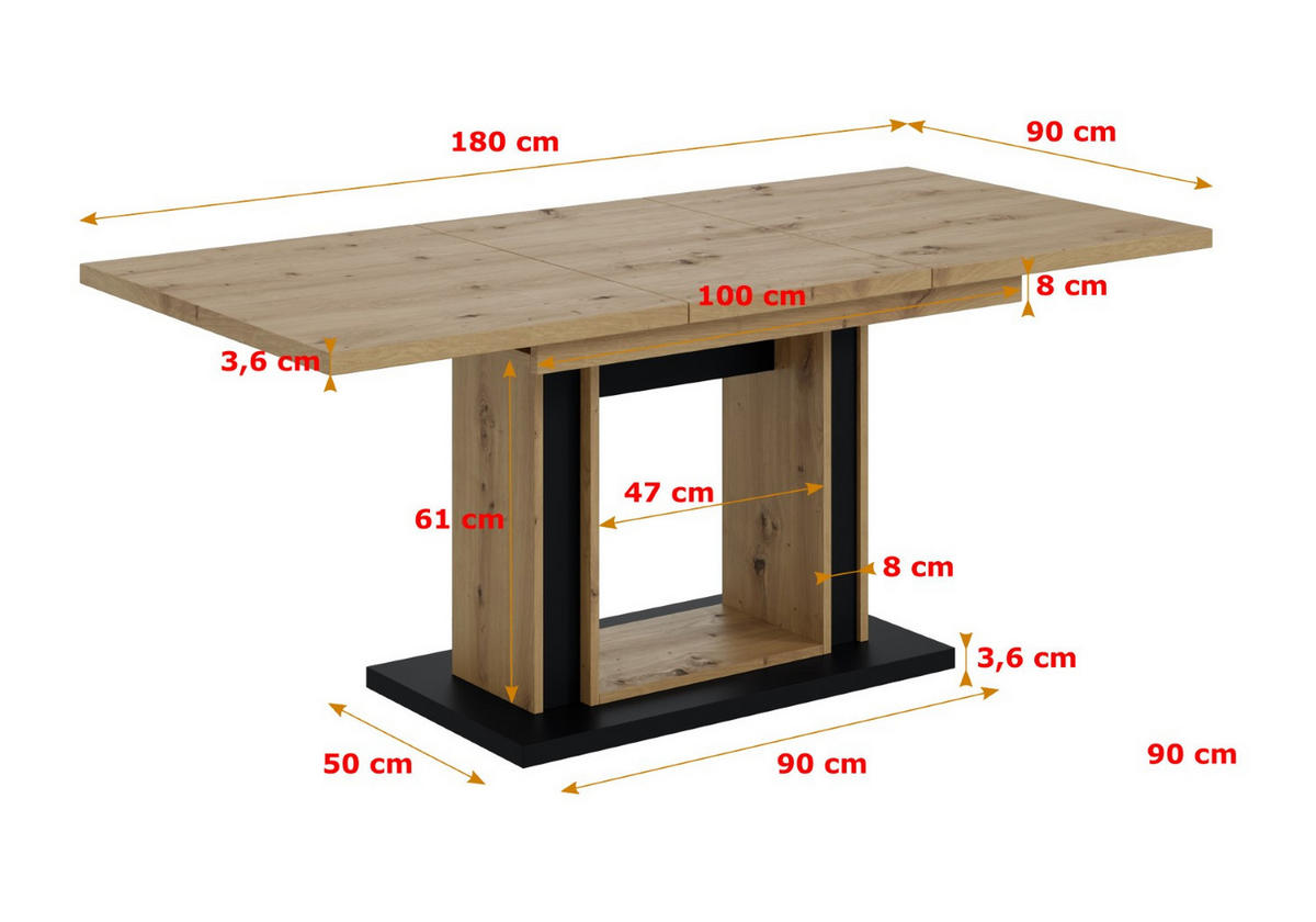 ESSTISCH ausziehbar 140 -180x90x75 cm - Artisan Eiche Optik/Schwarz - REST - Eichefarben, Holzwerkstoff (140/90/75cm) - ALTDECOR