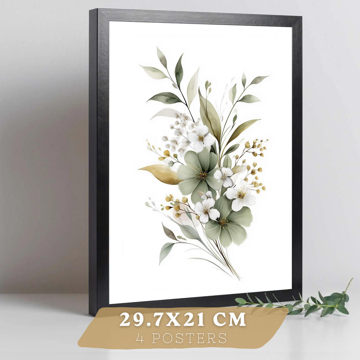 PLAKAT Sada 4 botanických uměleckých tisků. Akvarelové květinové nástěnné umění. Velikost Černý rám A4 - černá, papír (21/29.7/3cm) - Nacnic